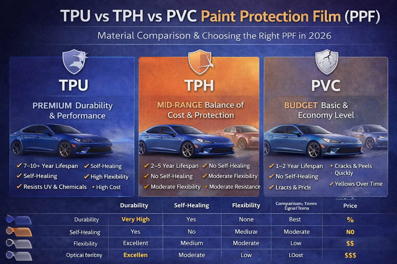TPU מול TPH מול סרט הגנה על צבע PVC (PPF): השוואת חומרים ואיך לבחור 2026